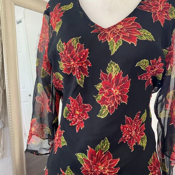 Witchy Whimsygoth Black Red Beaded Sheer Mesh 3/4 Sleeve Blouse XL Petite - Picture 2 of 8